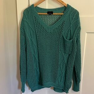 Lumiere Womens Turquoise Blue Vneck Long Sleeve Open Cable Sweater Size M